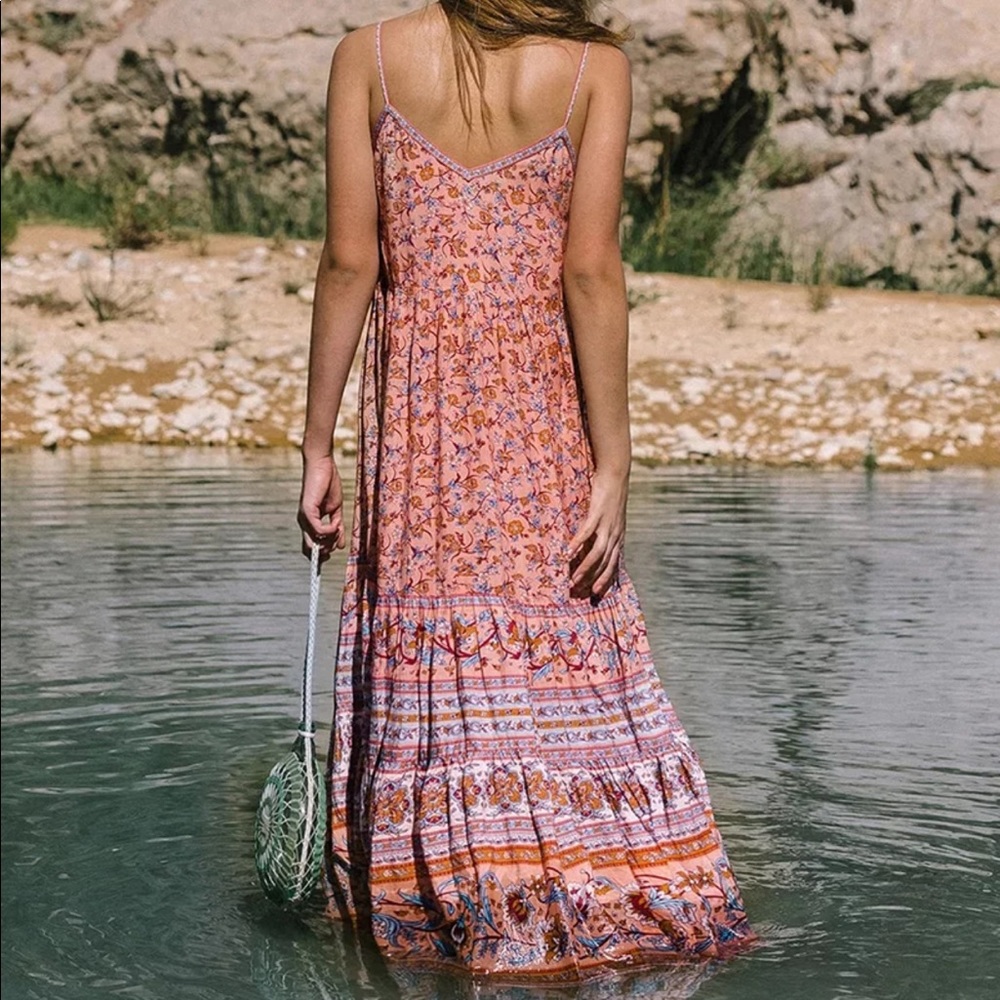 Boho Floral Gypsy Print Cami Maxi Dress Black - Picture 12 of 16